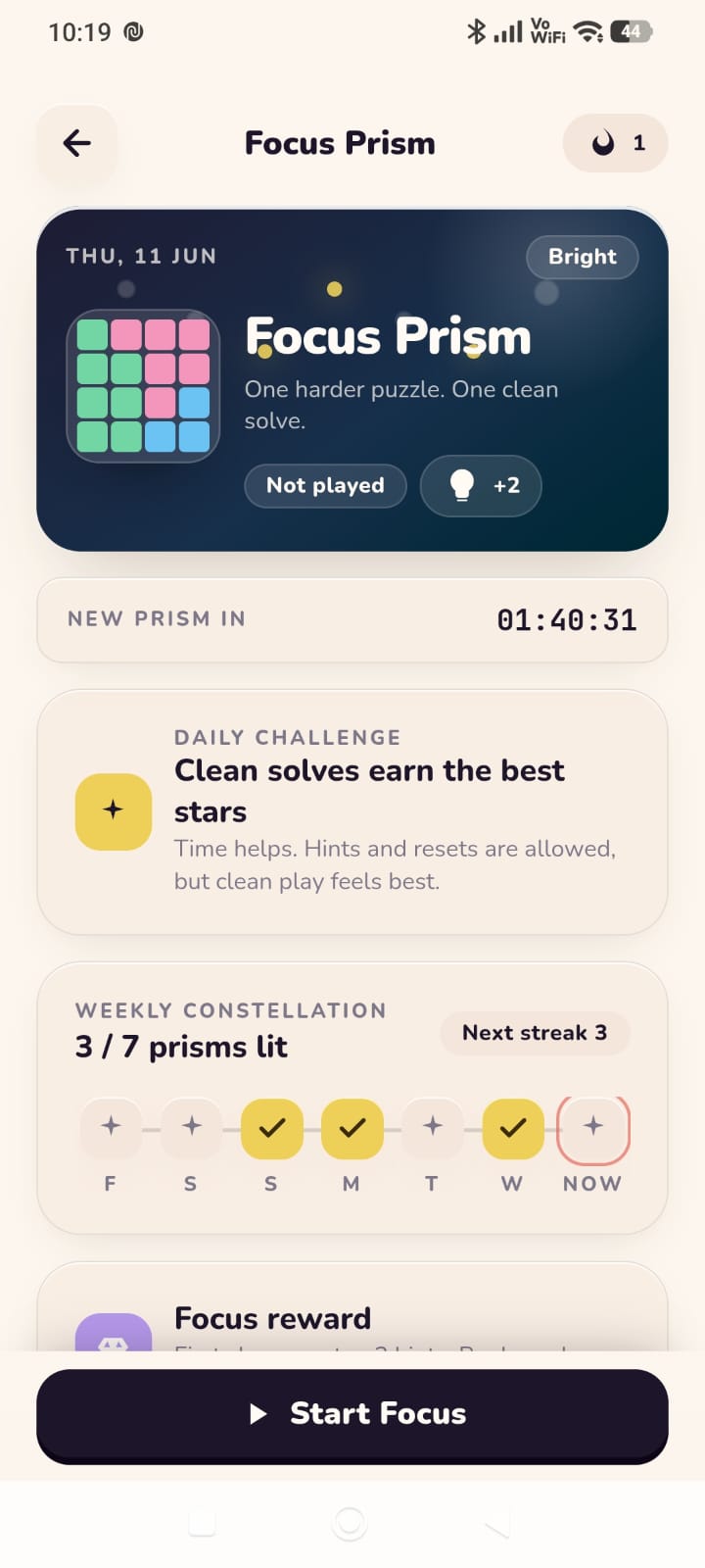 Focus Prism daily challenge screen