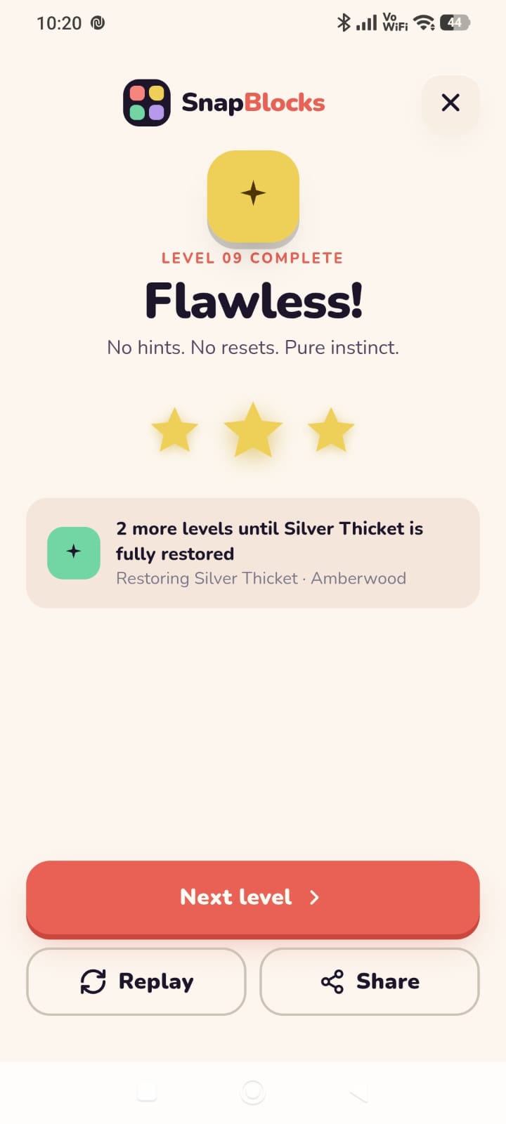 Flawless level complete screen with three stars